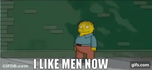 A Cartoon Character From The Simpsons Is Standing On A Sidewalk And Saying I Like Men Now . GIF