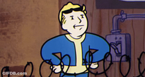 A Cartoon Character From The Video Game Fallout Vault Boy Is Holding A String Of Wires . GIF