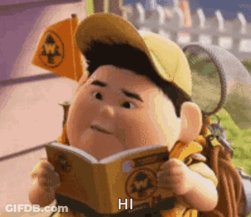 A Cartoon Character From Up Is Reading A Book And Saying Hi . GIF