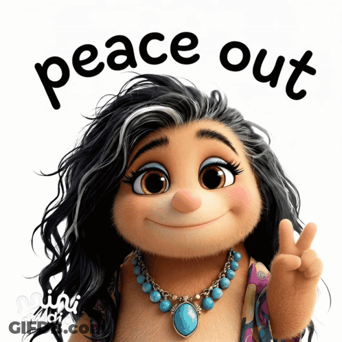A Cartoon Character Giving A Peace Sign With The Words Peace Out Below Her GIF