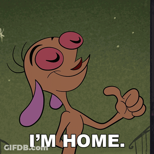 A Cartoon Character Giving A Thumbs Up With The Words I 'M Home GIF
