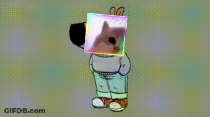 A Cartoon Character Has A Picture Of A Cat On His Head GIF