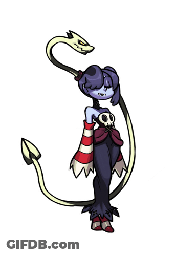 A Cartoon Character Has A Skull On Her Chest And A Long Tail GIF