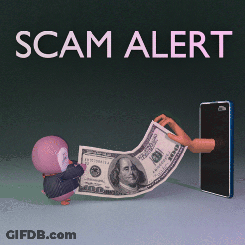 A Cartoon Character Holding A 100 Dollar Bill With The Words Scam Alert Below It GIF