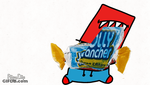 A Cartoon Character Holding A Bag Of Jolly Rancher Candy GIF