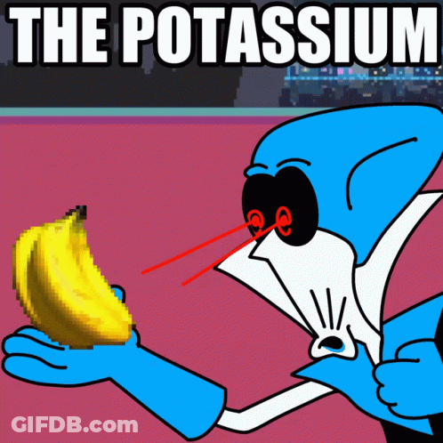 A Cartoon Character Holding A Banana With The Words " The Potassium " Written Above Him GIF