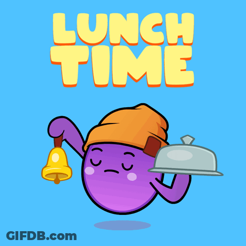 A Cartoon Character Holding A Bell And A Tray With The Words Lunch Time Below It GIF