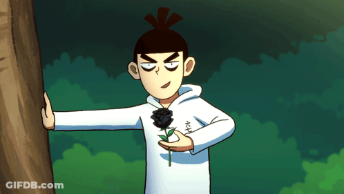 A Cartoon Character Holding A Black Rose With Chinese Writing On His Shirt GIF