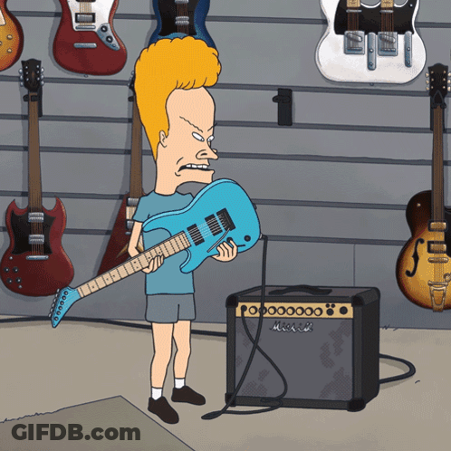 A Cartoon Character Holding A Blue Guitar In Front Of A Marshall Amp GIF