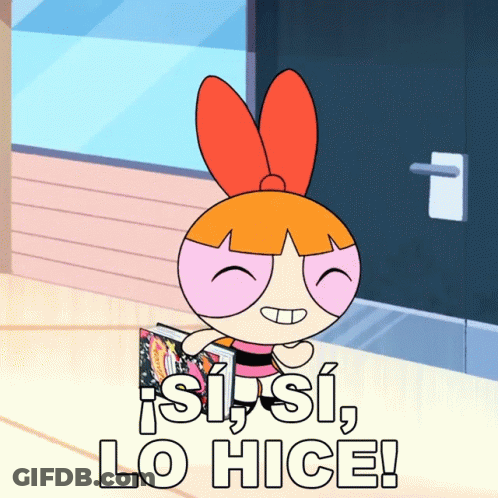 A Cartoon Character Holding A Book With The Words " Si Si Lo Hice " On The Bottom GIF