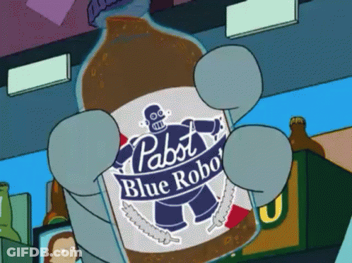 A Cartoon Character Holding A Bottle Of Pabst Blue Robo Beer GIF