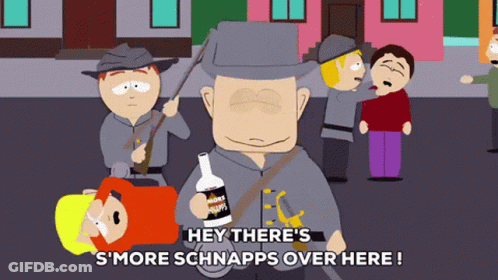 A Cartoon Character Holding A Bottle Of Schnaps Says Hey There 'S Smore Schnaps Over Here GIF