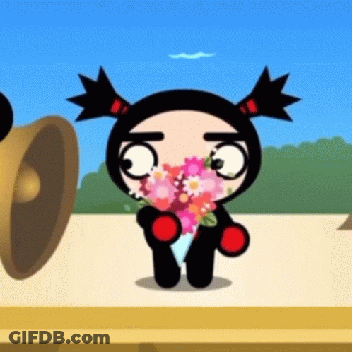 A Cartoon Character Holding A Bouquet Of Flowers In Front Of Her Face GIF