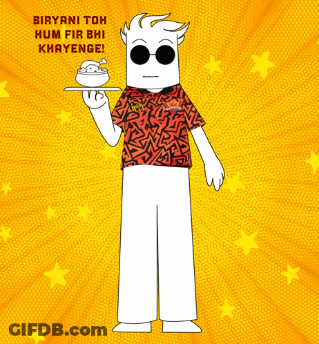 A Cartoon Character Holding A Bowl Of Food With The Words Biryani Toh Hum Fir Bhi Khayenge GIF