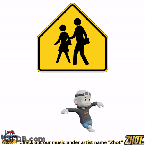 A Cartoon Character Holding A Box Of Pizza Next To A Sign That Says School Crossing GIF