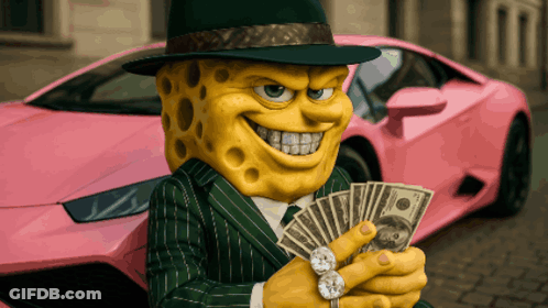 A Cartoon Character Holding A Bunch Of Money With A Pink Car In The Background GIF