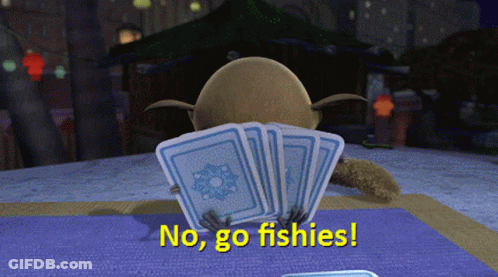 A Cartoon Character Holding A Bunch Of Playing Cards With The Words No Go Fishies Below Him GIF
