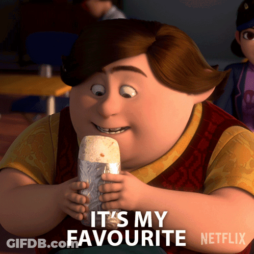 A Cartoon Character Holding A Burrito With The Words It 'S My Favourite Netflix Written Below Him GIF