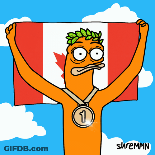 A Cartoon Character Holding A Canadian Flag And Wearing A Medal With The Number 2 GIF