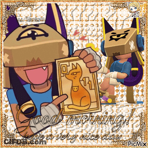 A Cartoon Character Holding A Card With A Cat On It And The Words Good Morning GIF