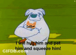 A Cartoon Character Holding A Cat With The Words " I Will Hug Him And Pet Him And Squeeze Him " Below Him GIF