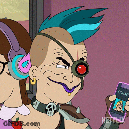 A Cartoon Character Holding A Cell Phone That Says Fichael GIF