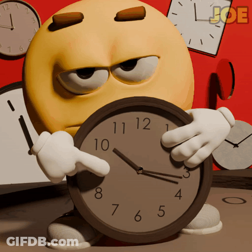 A Cartoon Character Holding A Clock With The Word Joe On The Bottom Left GIF