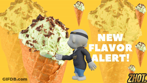 A Cartoon Character Holding A Cone Of Ice Cream With The Words " New Flavor Alert " Below It GIF