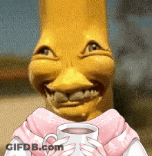 A Cartoon Character Holding A Cup Of Coffee GIF