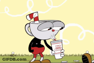 A Cartoon Character Holding A Cup That Says Fat Gulp On It GIF