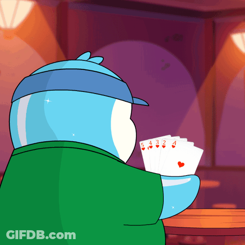 A Cartoon Character Holding A Deck Of Playing Cards With The Numbers 5 4 3 2 And 4 On Them GIF