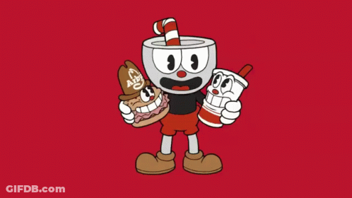 A Cartoon Character Holding A Drink And A Hamburger GIF