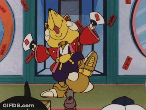 A Cartoon Character Holding A Fan With Chinese Characters On It GIF