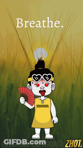 A Cartoon Character Holding A Fan With The Words Breathe Above Her GIF