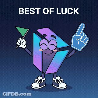 A Cartoon Character Holding A Flag And A Foam Finger With The Words " Best Of Luck " Behind Him GIF