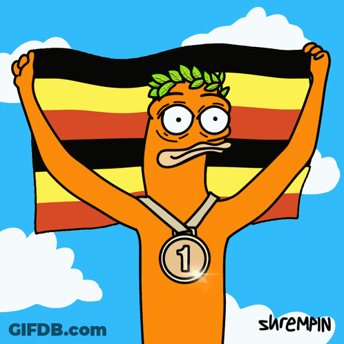 A Cartoon Character Holding A Flag And A Medal That Says 1 GIF