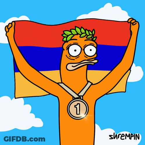 A Cartoon Character Holding A Flag And A Medal With The Number 1 GIF