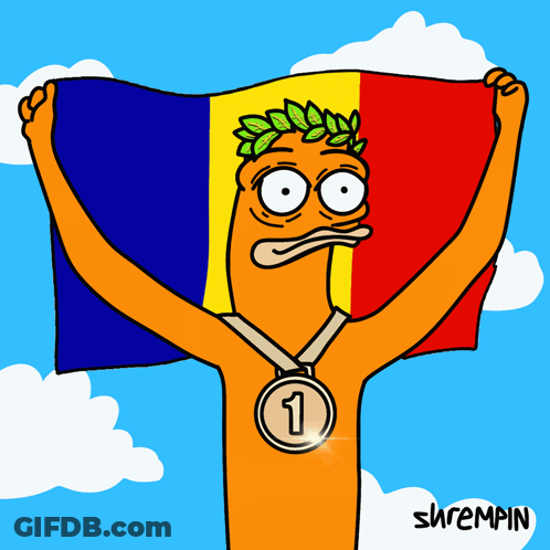 A Cartoon Character Holding A Flag And A Medal With The Number 1 GIF