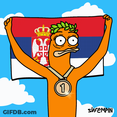 A Cartoon Character Holding A Flag And A Medal With The Number 1 GIF