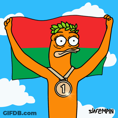 A Cartoon Character Holding A Flag And A Medal With The Number 1 GIF