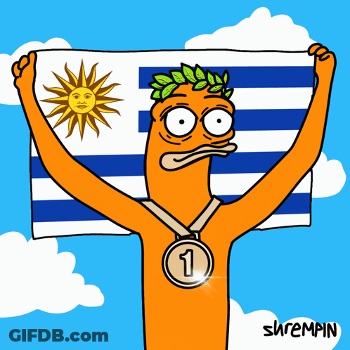 A Cartoon Character Holding A Flag And A Medal With The Number One On It GIF