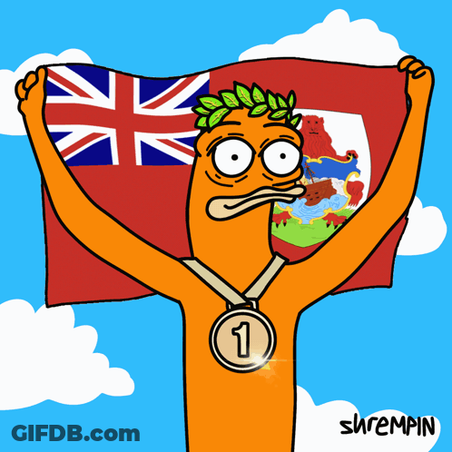 A Cartoon Character Holding A Flag And A Medal With The Number One On It GIF