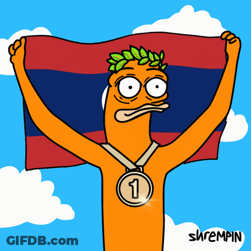 A Cartoon Character Holding A Flag And A Medal With The Number One On It GIF