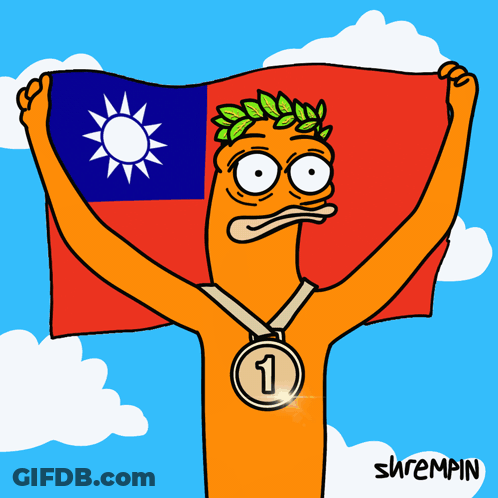 A Cartoon Character Holding A Flag And A Medal With The Number One On It GIF