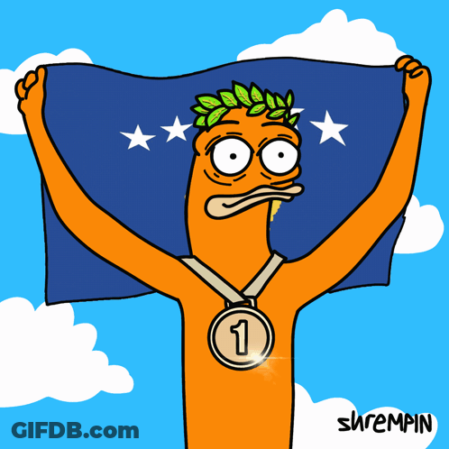 A Cartoon Character Holding A Flag And A Medal With The Number Three On It GIF