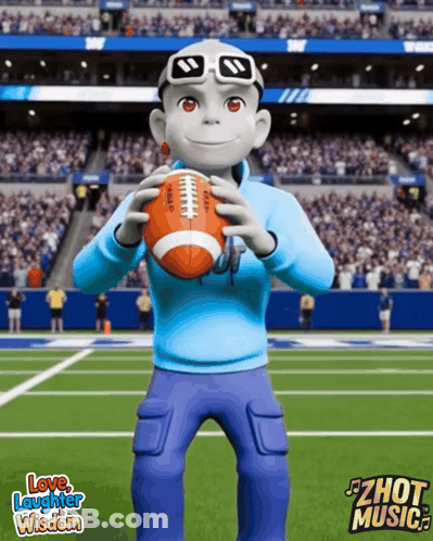 A Cartoon Character Holding A Football With The Words Love Laughter Wisdom On The Bottom Right GIF