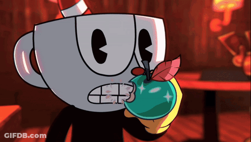 A Cartoon Character Holding A Green Apple With A Red Leaf GIF