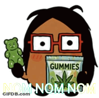 A Cartoon Character Holding A Green Gummy Bear And A Bag Of Gummies GIF