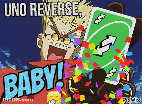 A Cartoon Character Holding A Green Uno Card With The Words Uno Reverse Baby Behind Him GIF