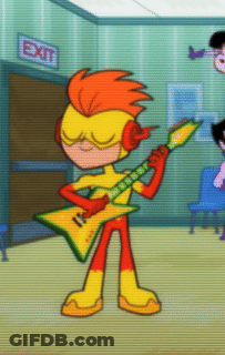 A Cartoon Character Holding A Guitar In Front Of A Sign That Says Exit GIF